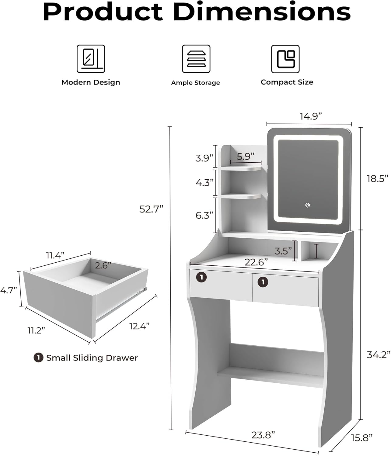 Small Vanity Desk, Makeup Vanity with Mirror and Lights, Vanity Desk with Drawer & 3 Storage Shelves, White Makeup Vanity Desk with Lights for Bedroom