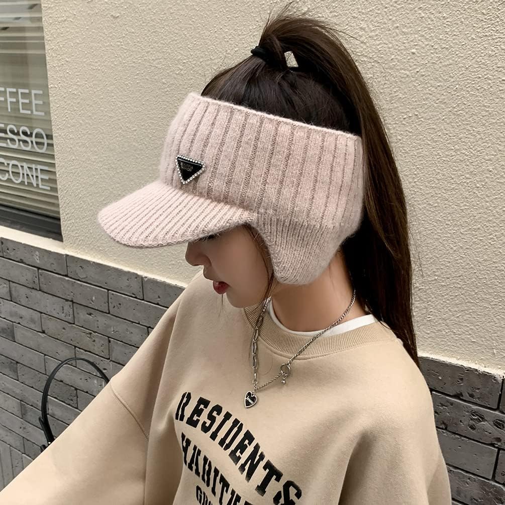 Open Beanie with Earflaps Visor Brim Bun Ponytail Winter Golf Tennis Hats Women - Image 4