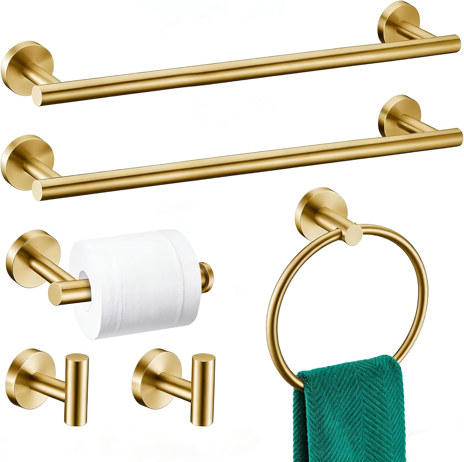 6 pieces brushed gold bathroom hardware accessories set, sus304 stainless steel 24 inch bath towel bar set, round bathroom towel holder set, towel racks for bathroom wall mounted brushed gold 6 pieces 24" set a