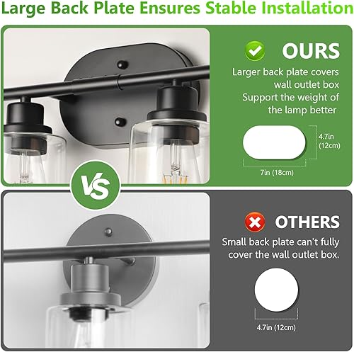 Miniatura 4 de Ascher Lámparas de baño de 4 luces, modernas luces de tocador con pantalla de vidrio transparente, lámpara de pared negra mate para espejo de baño,