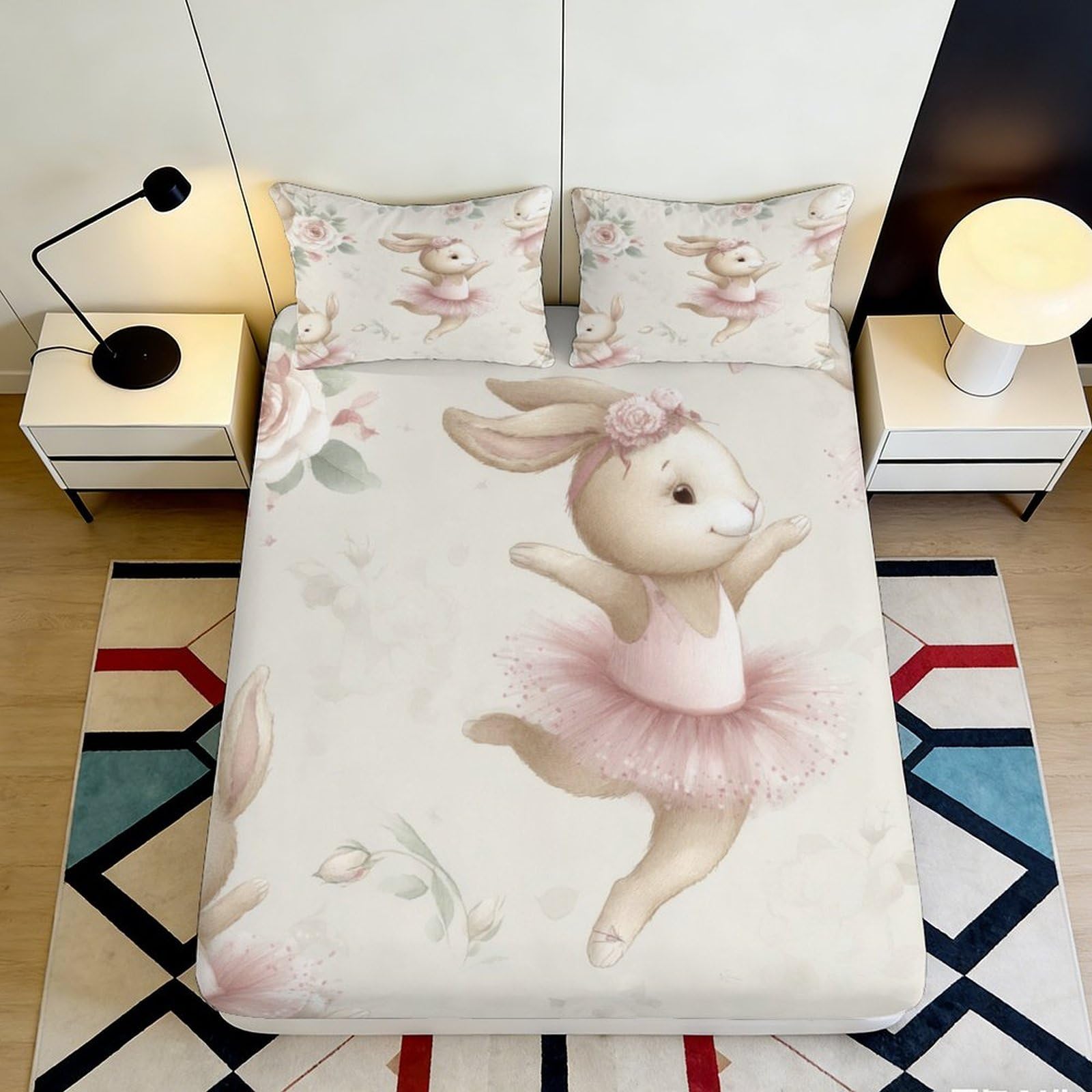 3D Printed Ballet Bunny Fitted Sheet Microfiber Soft Pink Cartoon Rabbit Bed Cover for Bedroom Kids Guest Room Decor 90x200x25cm