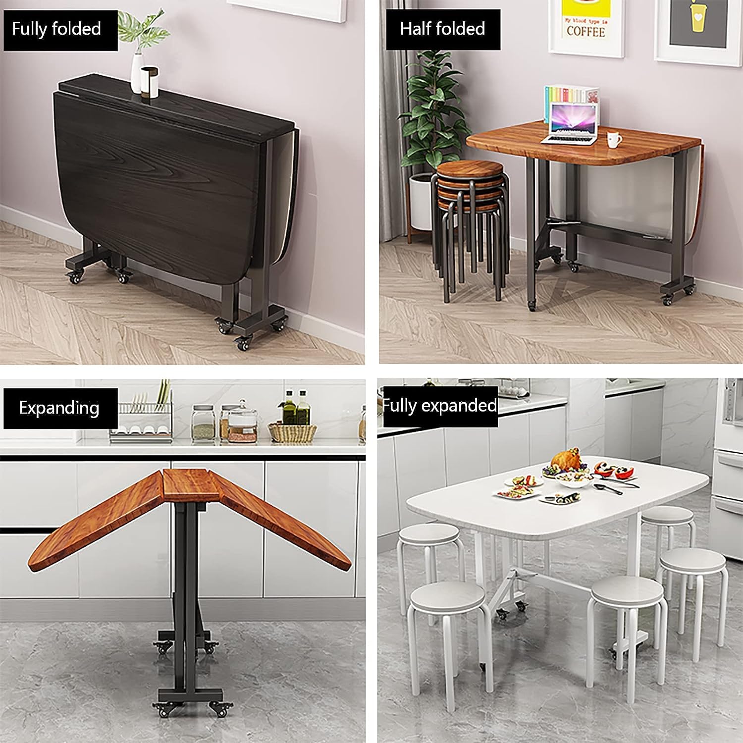 Table de salle à manger pliante blanche avec motif papillon extensible Table de cuisine rectangulaire sur roulettes universelles pour une mobilité facile et un rangement compact