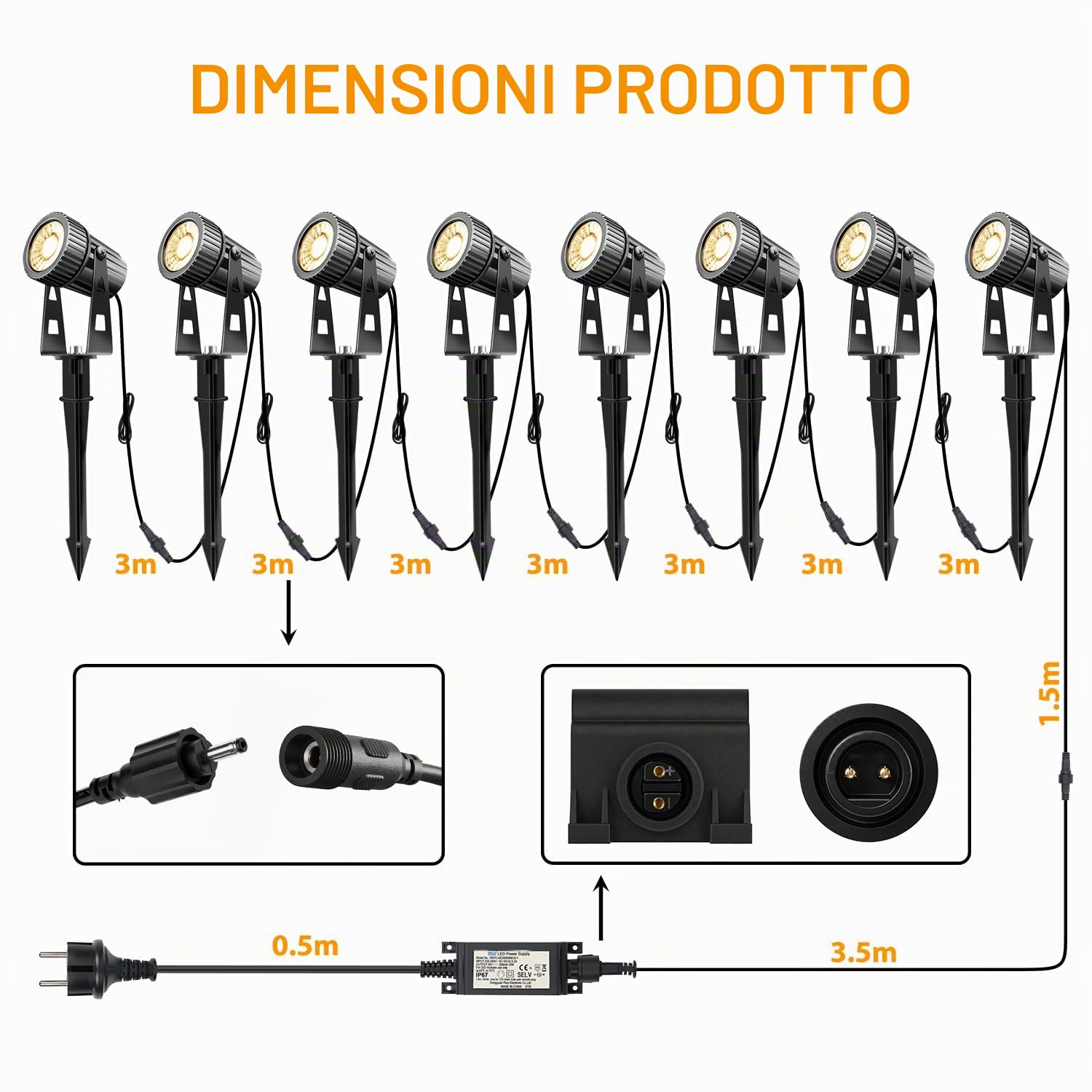 8 luci da giardino Faretto da giardino a LED bianco caldo Illuminazione 24V 24W da giardino a LED con picchetto da terra Lampada da giardino 2100LM 26 m IP65 di cavo per esterno prato da giardino