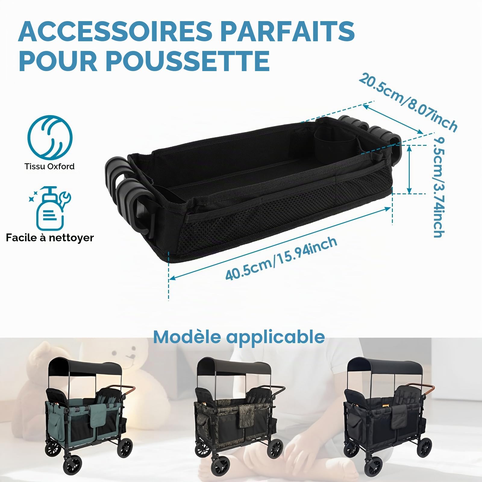 Plateau à collation pour poussette - Plateau amovible pour poussette - Accessoires de poussette - Design double couche - 40,5 x 20,5 x 9,5 cm - Pour poussette W1 et W2 - Noir