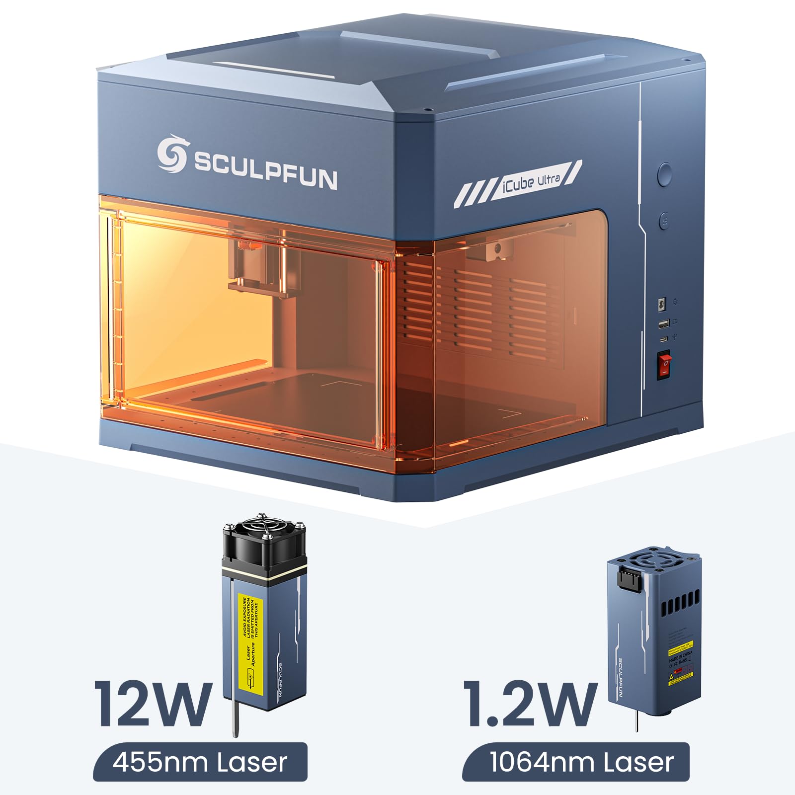 SCULPFUN iCube Ultra Máquina de grabado láser dual de diodo de 12W+ láser rojo de 1,2 W, máquina de grabado láser totalmente cerrada con rodillo de filtro de humo, placa de panal, kit de bomba de aire