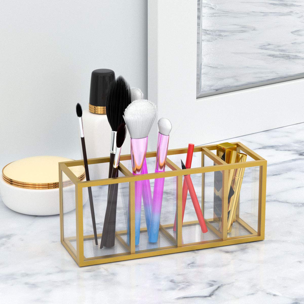 NIUBEE Portalápices acrílico con 4 compartimentos, con borde de cobre dorado, organizador de lápices para encimera, escritorio, almacenamiento de accesorios