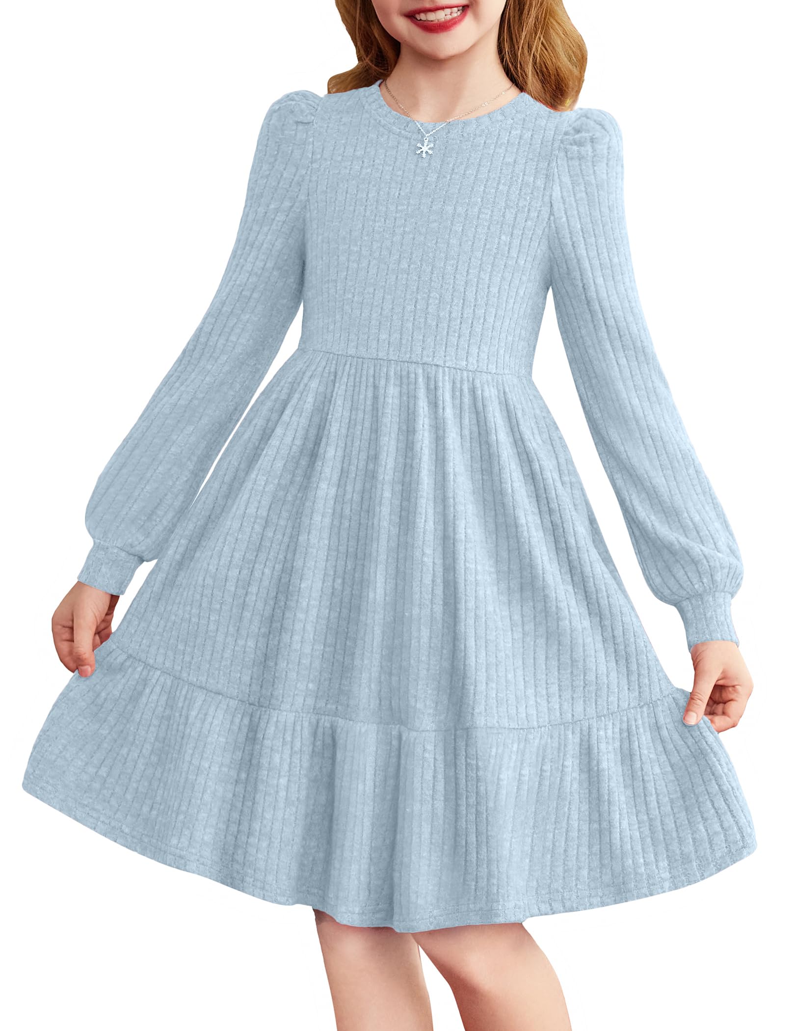 Arshiner Mädchen Pullover Kleid Puffärmel Rippenstrick Kleid Frühlingskleid Kinder Langarm Elegante Einfarbiges Festliche Kleider Rundhals A-Linien Freizeitkleid, 6-14 Jahre