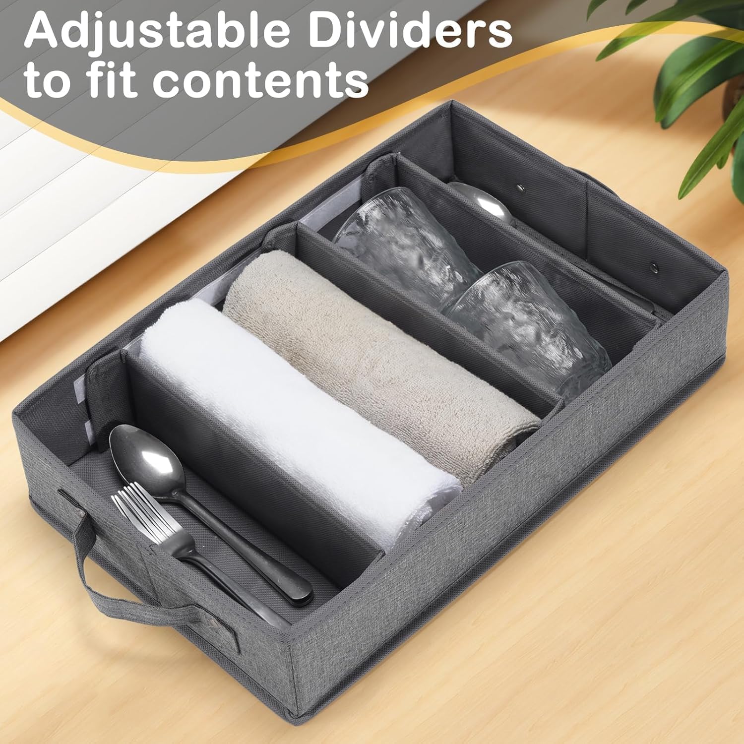 Silverware Storage Box 2 Pack, Flatware Storage, Utensil Storage with Removable Lid and Adjustable Dividers for Organizer Utensils, Cutlery, Flatware, Knives, Large Capacity Gray
