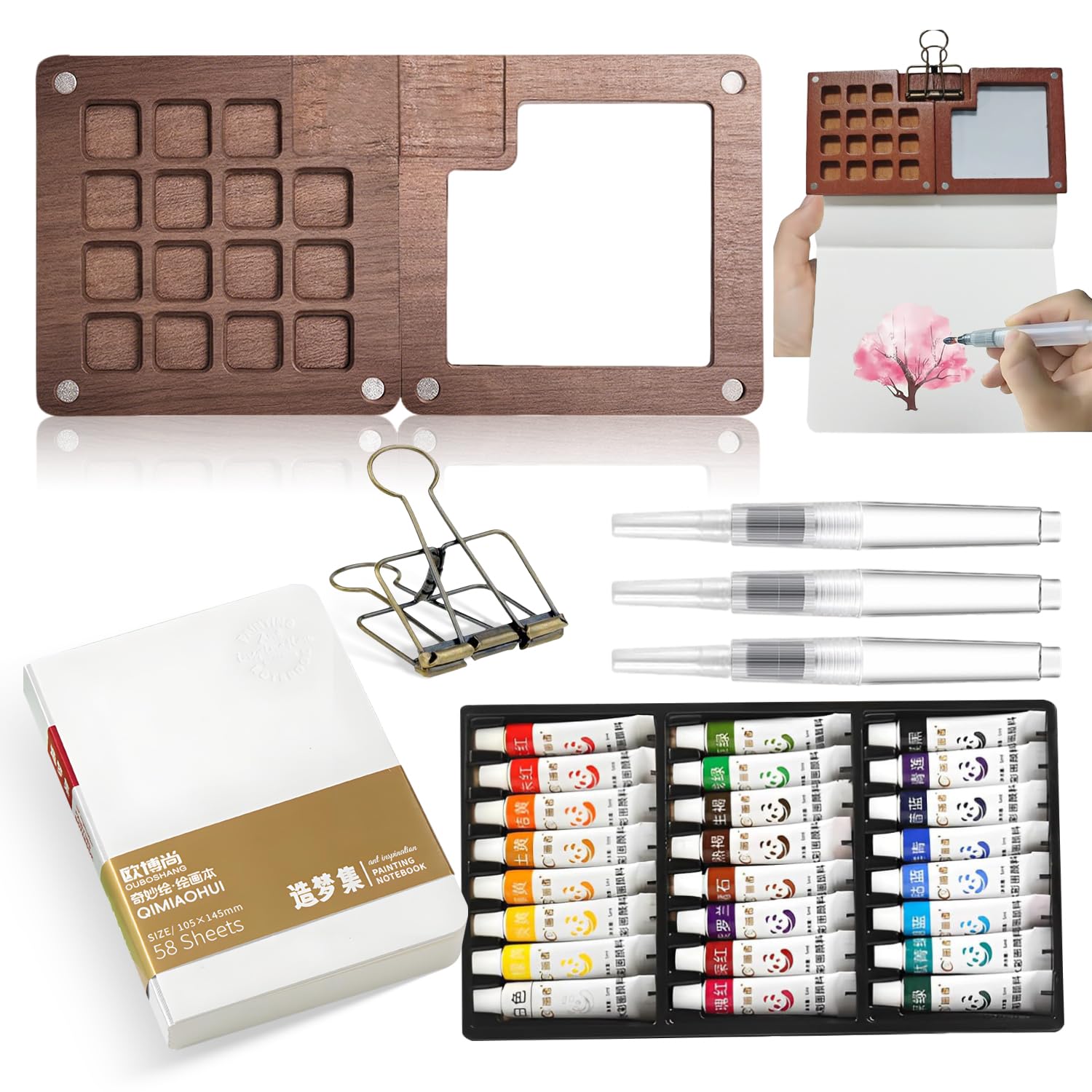 Tavolozza per Dipingere Wet Palette con 1 Quaderno Portatile per Schizzi ad Acquerello, 3 Pennello ad Acqua, 24 Acquerello 1 Clip in Metallo, Adatta L'acquerello,Pittura ad Olio e Gli Schizzi