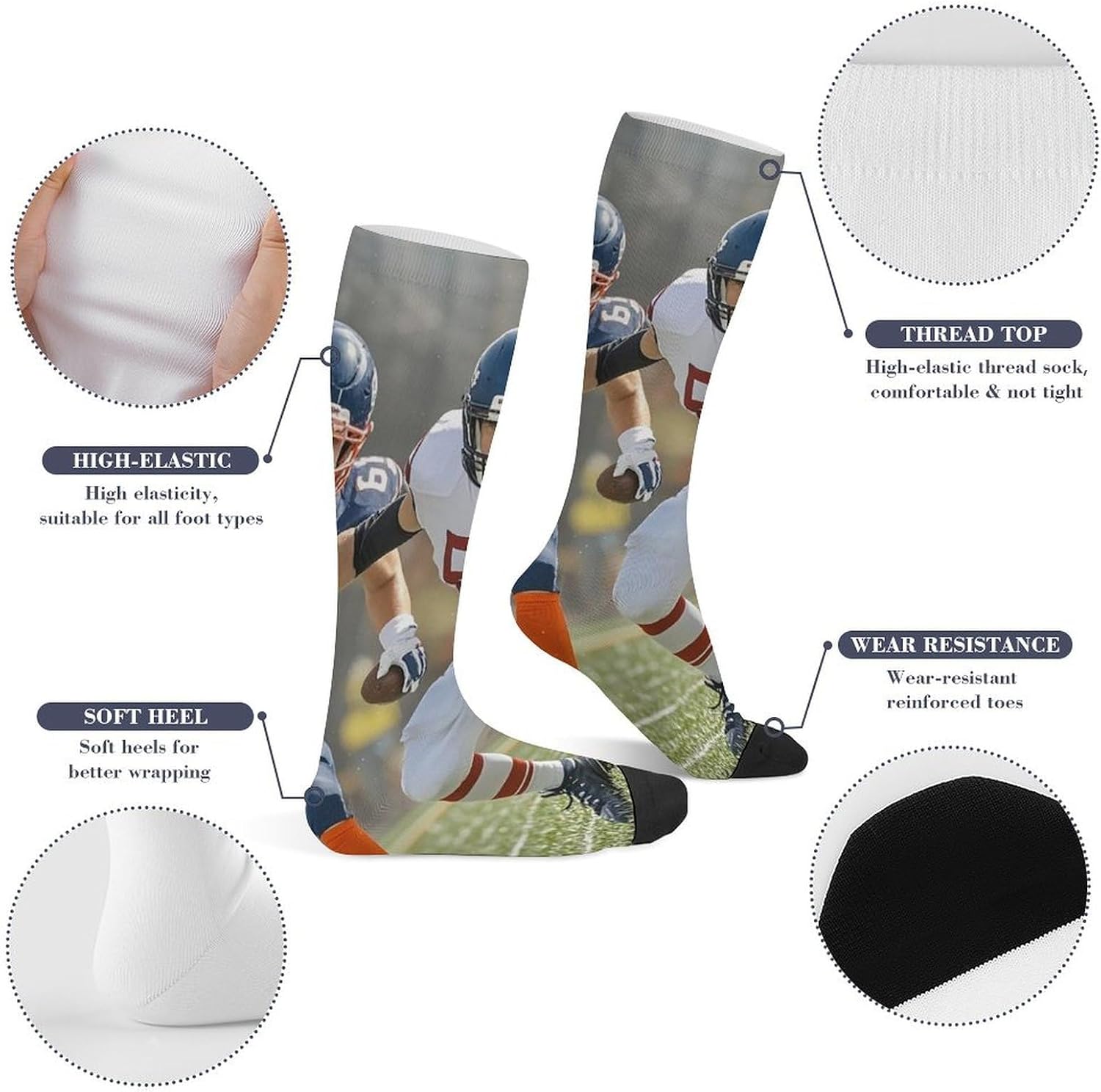 American Football Dress Sock for Women, Soft Breathable Crew Socks for Men, Lightweight Mid-Calf Socks
