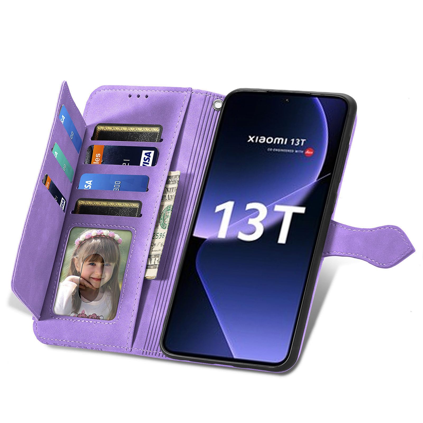 KQXG Cover per Xiaomi 13T Pro/Xiaomi 13T - Custodia a Libro Magnetica Portafoglio in Pelle Sintetica con Calamita, Flip Antiurto in Silicone - Viola