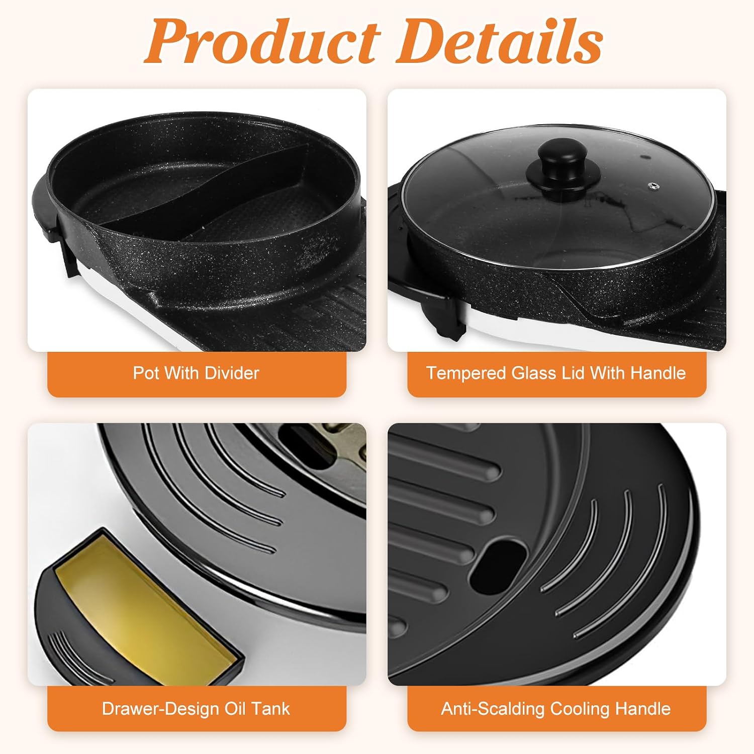 Electric Hot Pot with Grill, Indoor Smokeless Non-Stick Korean BBQ Grill Cooker, Shabu Shabu Hot Pot with Divider Independent Temperature Control 5 Gears Firepower, for 2-8 People