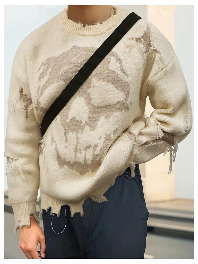 トップス Y's for men damaged long sleeve grunge BEAUDRM Men's Skull Graphic Gothic Sweater Y2K Grunge Ripped