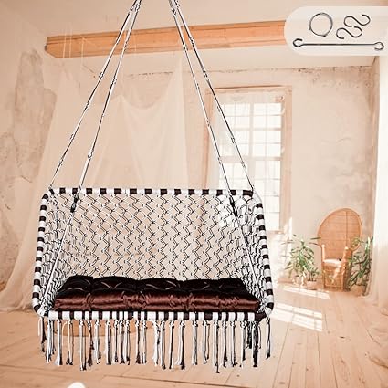 Patiofy Premium Large Double Seater Swing Chair/Hanging Hammock Swing Chair for 2 People/Jhula for Adults & Kids/ 2 Seater Swing for Balcony, Free Hanging Kit & Cushion Included-White-Brown