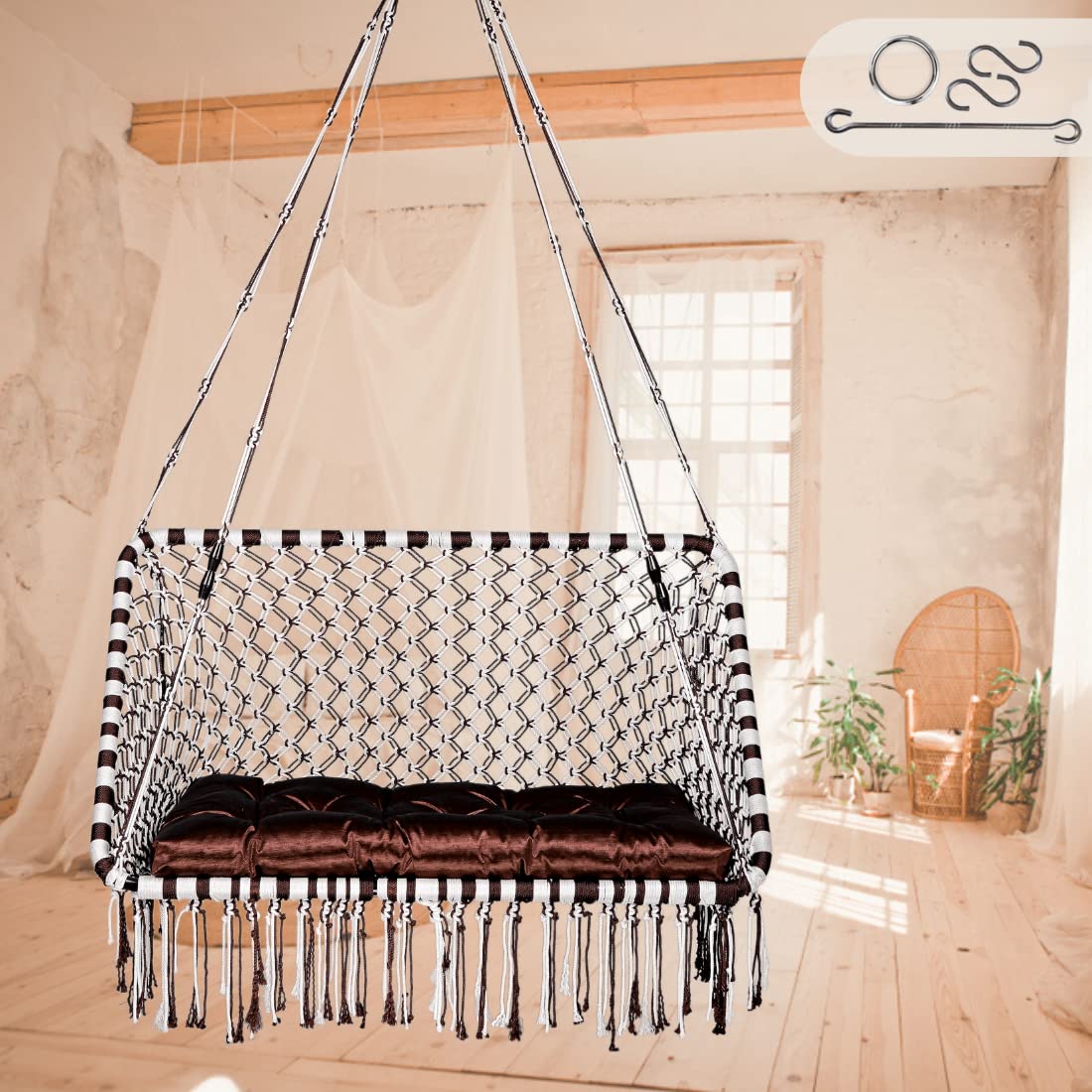 Premium Large Double Seater Swing Chair/Hanging Hammock Swing Chair for 2 People/Jhula for Adults & Kids/ 2 Seater Swing for Balcony, Free Hanging Kit & Cushion Included-White-Brown-image-9