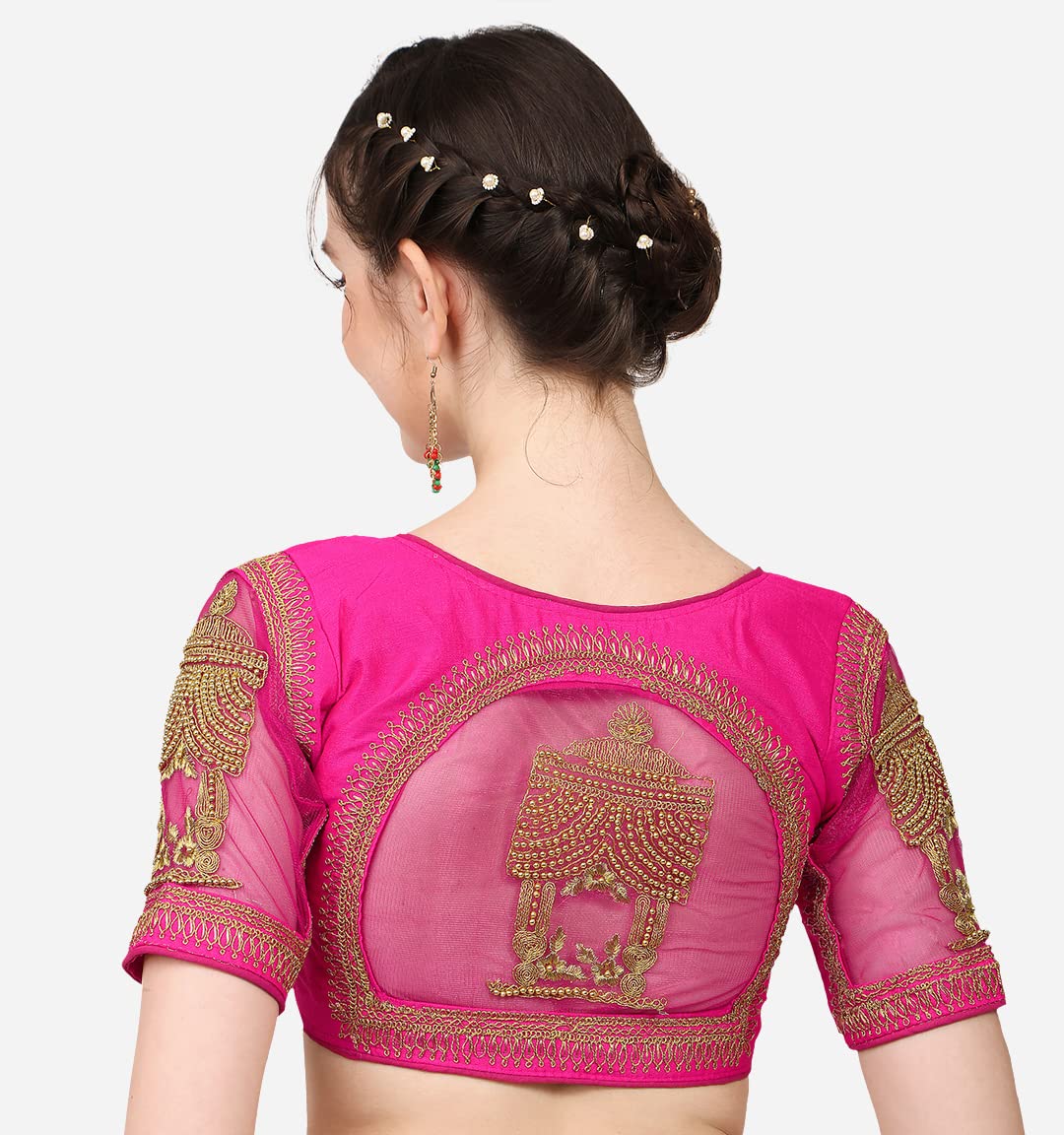 Pujia Mills Women's Multicolor Temple Embroidery Net Back Sequence Khatli Work Sleeves Design Phantom Silk Readymade Saree Blouse (Temple Blouse_Pink_38 Size+Margin)