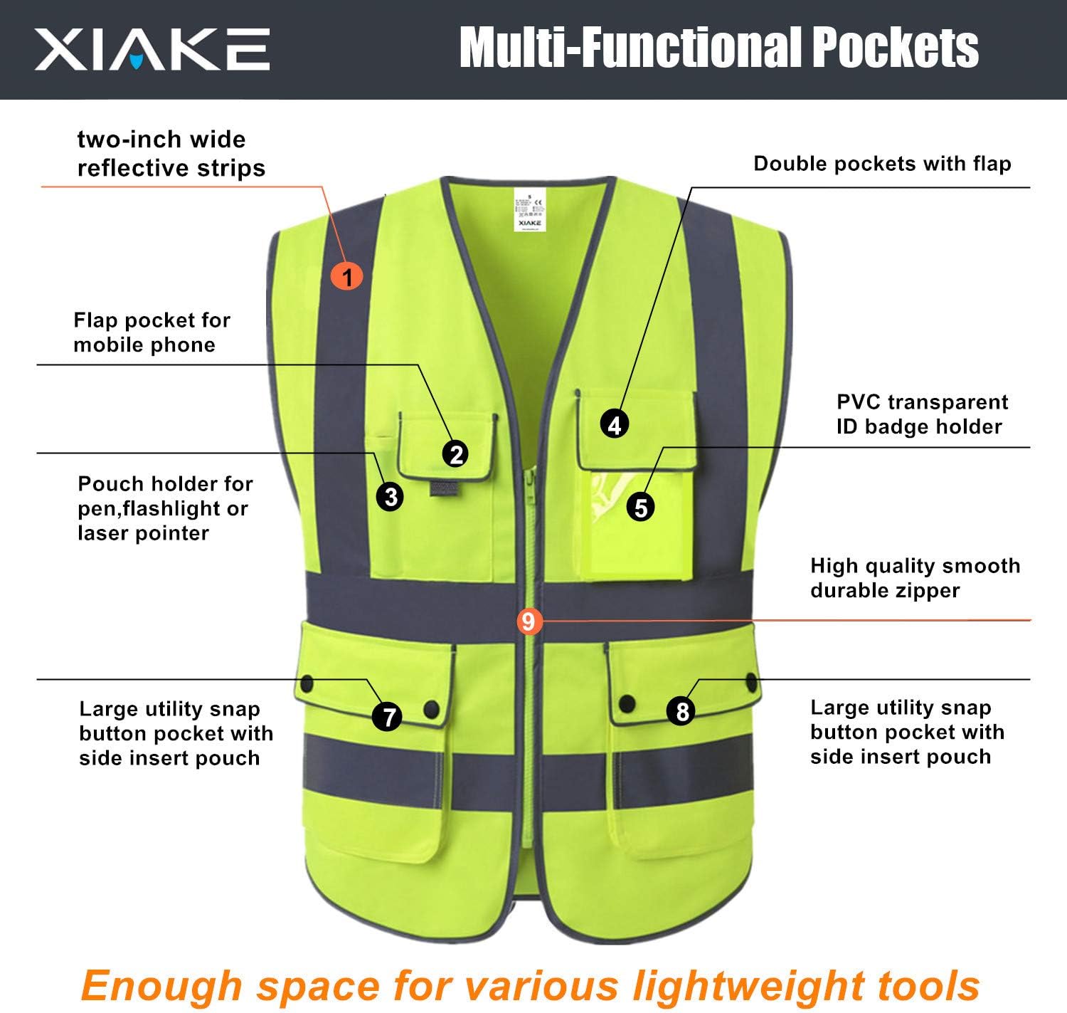 XIAKE Class 2 High Visibility Reflective Safety Vests with 8 Pockets and Zipper Front,Meets ANSI/ISEA Standards(Large,Yellow) - - 