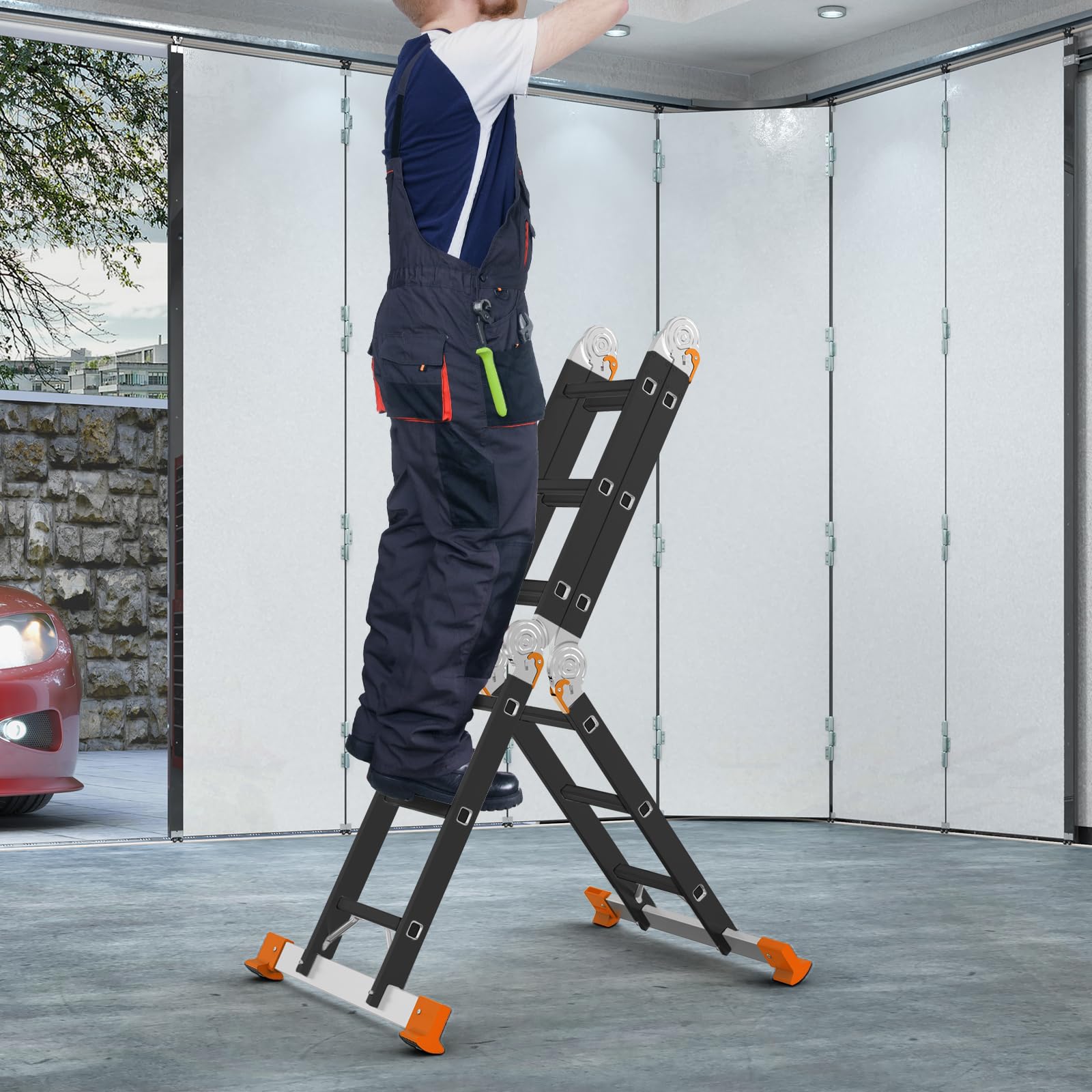 AMHANCIBLE Escalera Multiusos, Escalera Aluminio, 4 x 3 Peldaños, Plegable, para Pintar, Techos, Jardín, hasta 150 kg, 3,4m, Diseño 6 en, Certificado TÜV/GS, Naranja EBAL01RN