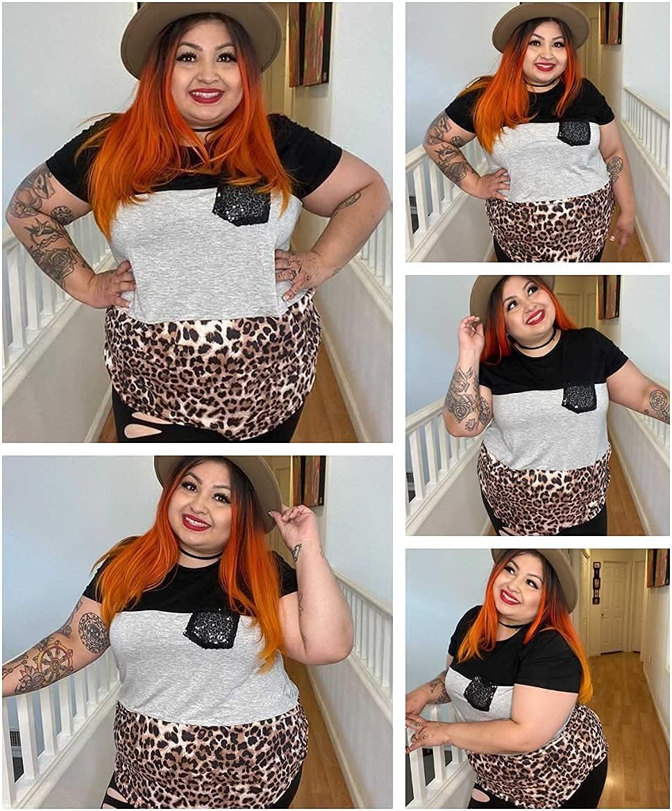 RITERA Plus Size Short Sleeve Tops Colorblock T Shirts Blouses Camouflage Tshirt Sequin Pocket Tee Summer Tunic Blouses Army Green Camouflage 5XL