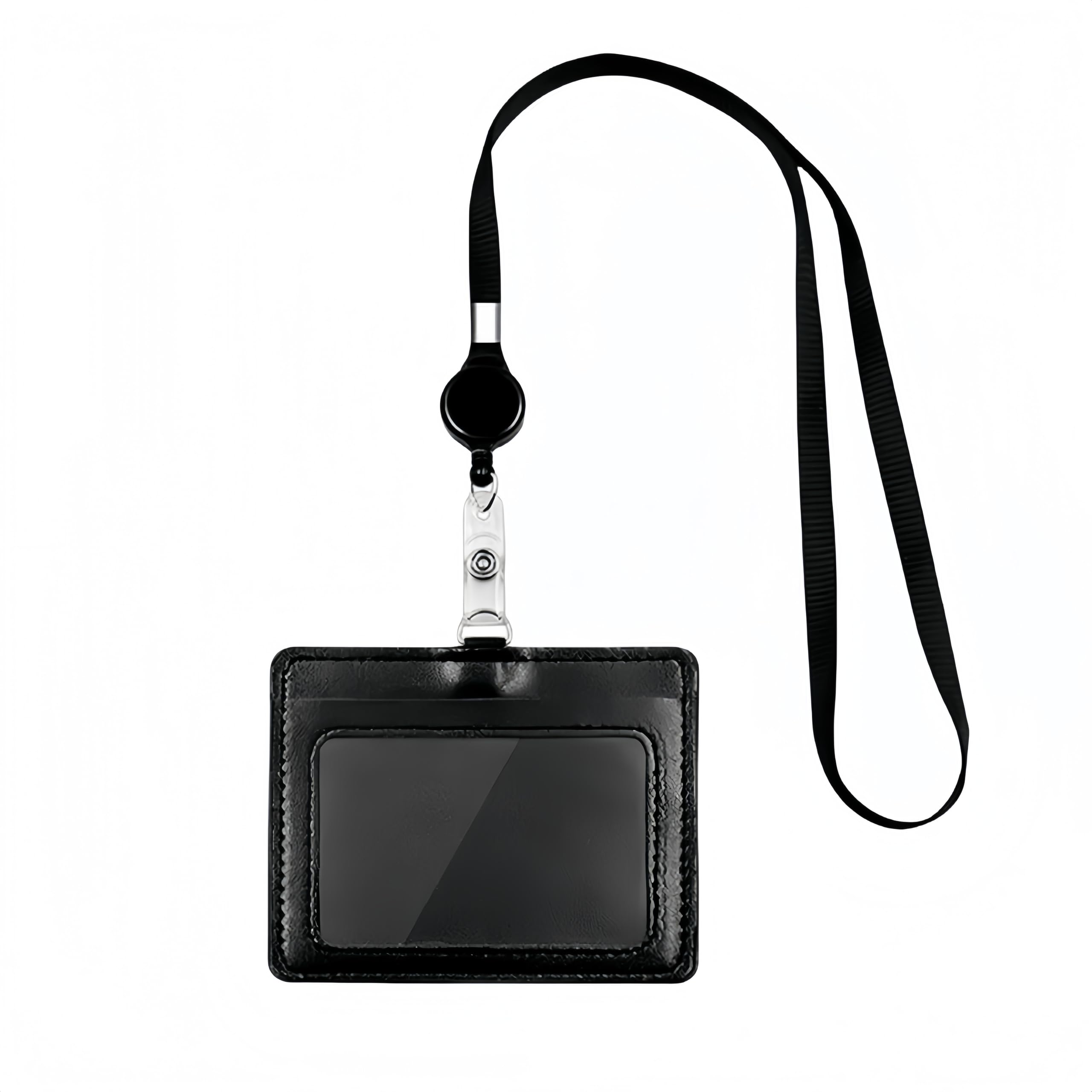 Eon Petchain名刺入れー ネームホルダー 名札ホルダー 社員証 idカードケース PU革 横型 両面用 カードホルダー 首掛け 通勤 通学 男女兼用 (横型 + ブラック)