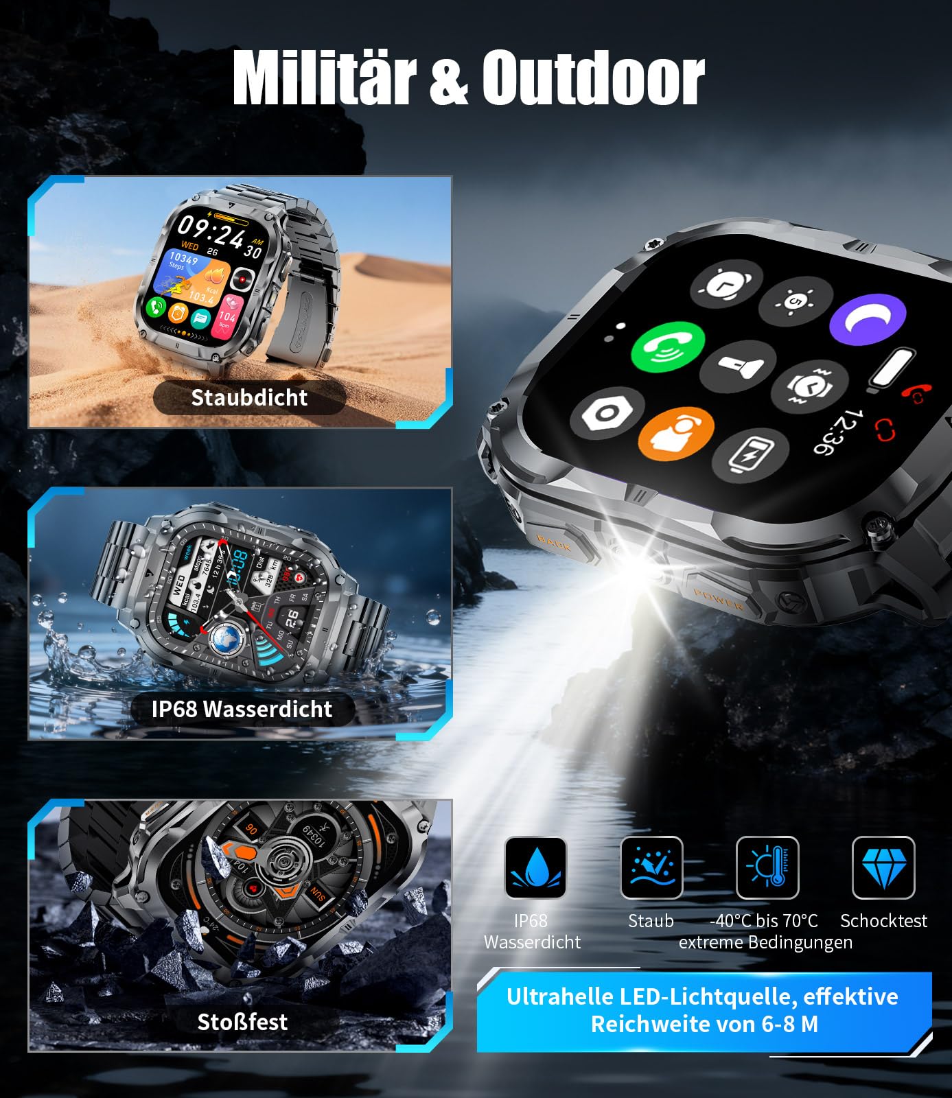 LIGE Militär Smartwatch Herren mit 1000mAh Akku/Telefonfunktion, 2.0" HD Touchscreen Fitnessuhr mit Herzfrequenz/Schlafmonitor/200+ Sportmodi, IP68 Wasserdicht Sportuhr für Android iOS, 3 Armbändern