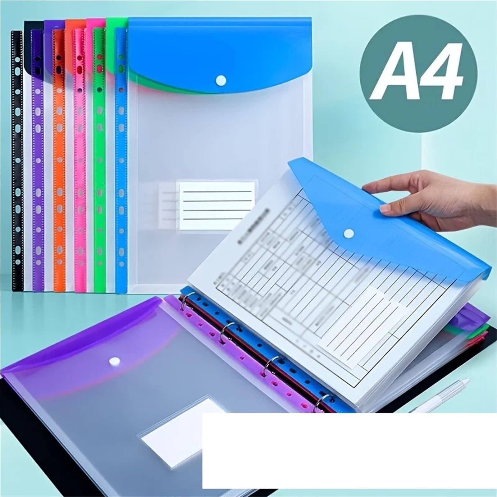 24 Stück A4 transparenter Taschen-Organizer mit 11 Löchern | Druckknopf, Etikett for Schule, Zuhause, Büro
