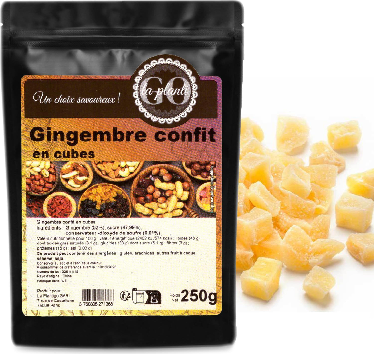 Candied ginger in cubes 250 g- LA PLANTIGO