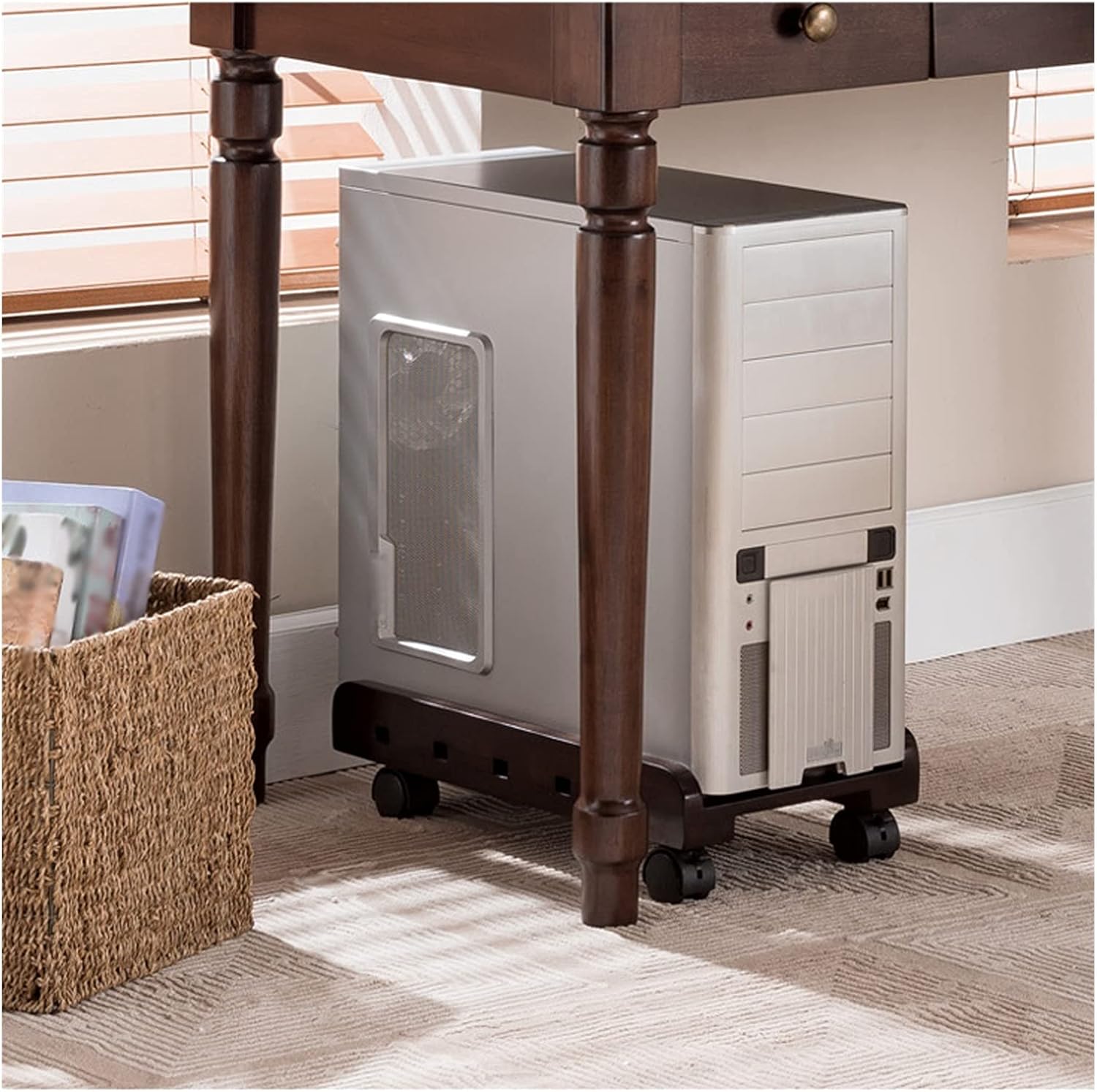 Desktop Computer Support Desktop PC Tower Holder Cart,Wood PC Tower Floor Stand CPU Stand Cart with Wheels Under Desk，White Medium