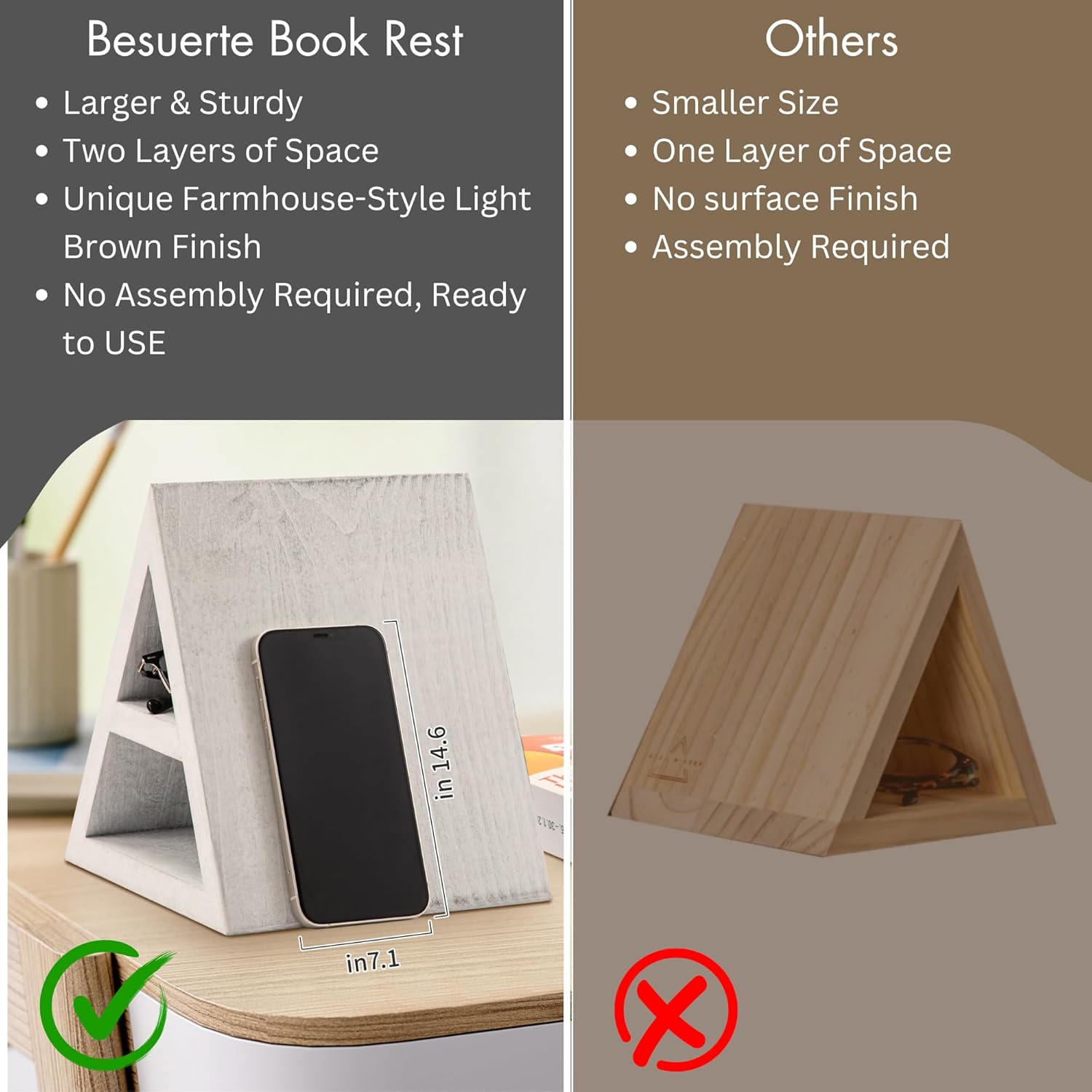 Besuerte Triangle Book Holder with Double-Layer Triangular Design, Book Rest for Reading in Bed, Nightstand Organizer for Adults, Bedside Storage Stand, Rustic White Book Nook Decor