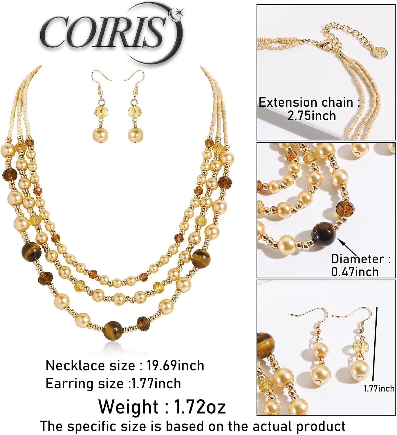 Coiris Layered Pearl Necklace and Earring Set for Women Boho Beaded Statement Choker with Faux Pearls Chunky Costume Jewelry for Wedding Party Beach Vacation Gift