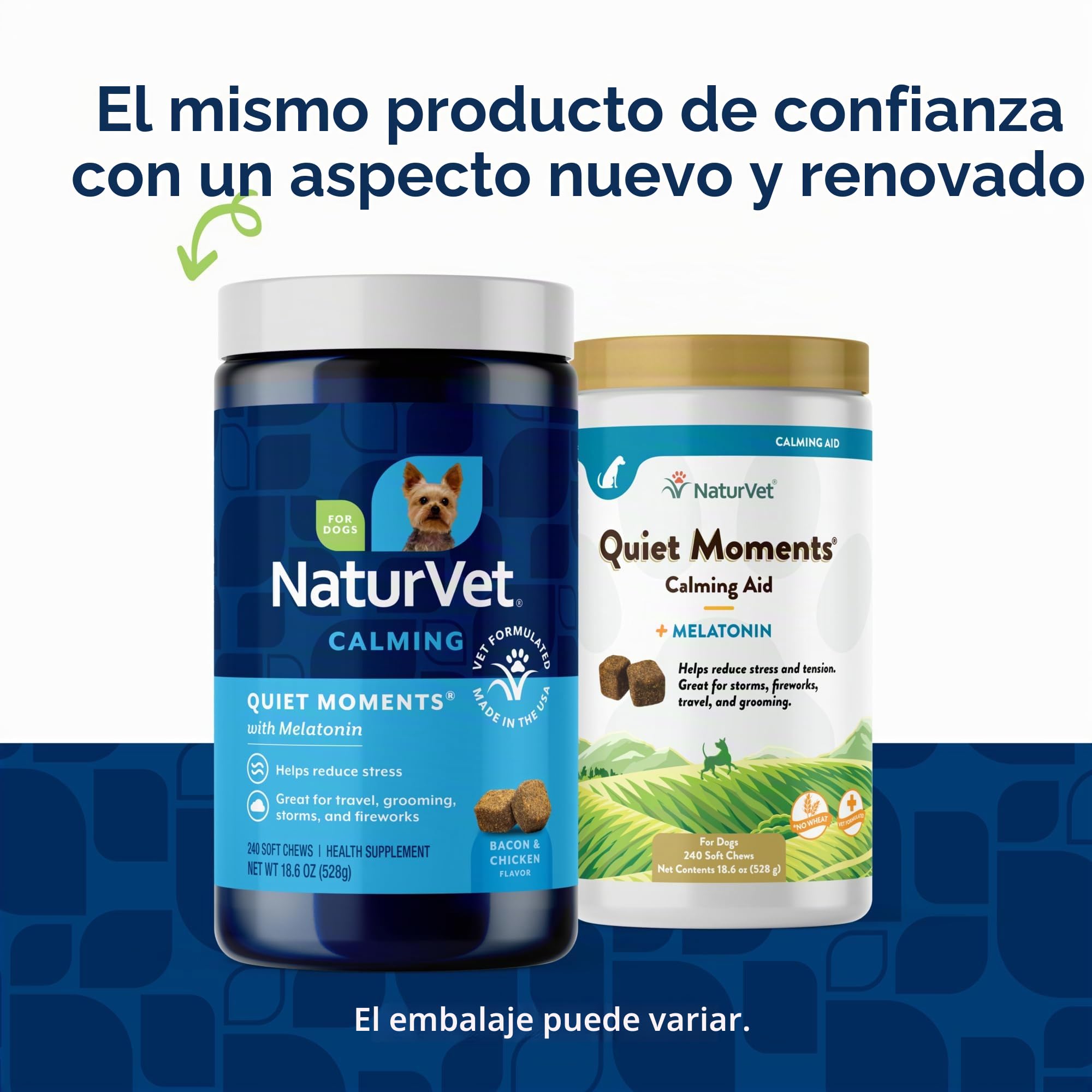 NaturVet Quiet Moments Suplemento calmante para perros, masticables suaves para perros con melatonina para ayudar a reducir el estrés de las tormentas, el veterinario, los fuegos artificiales y los