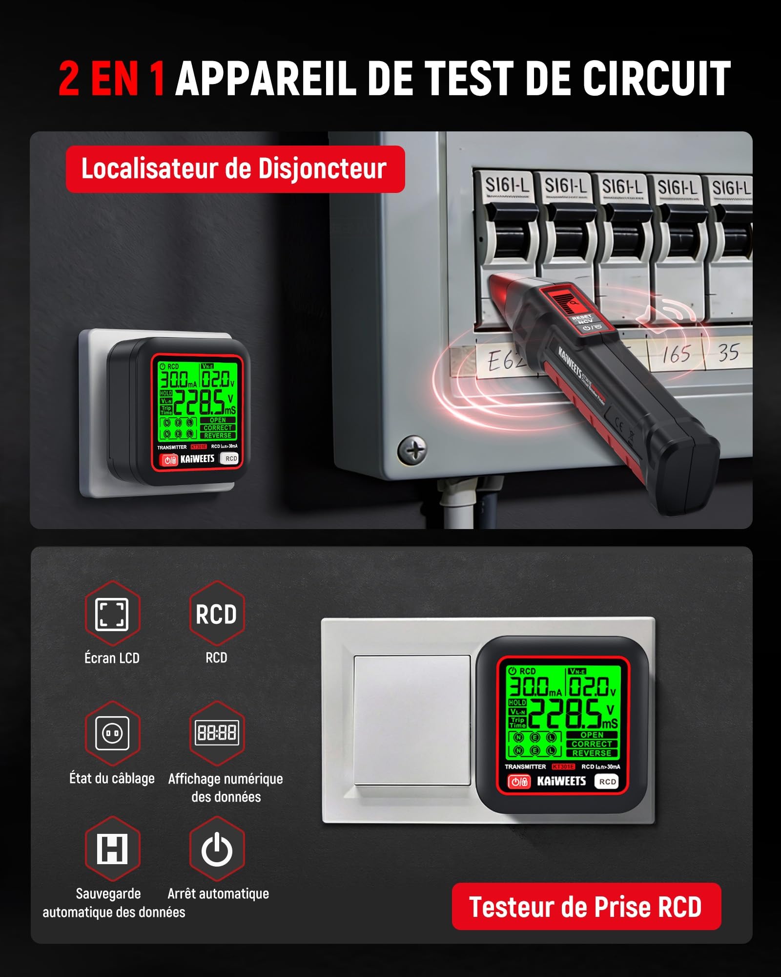 KAIWEETS Détecteur de Disjoncteur avec Écran LCD, Testeur de Prise avec Test RCD et Contrôle du Câblage, Détecteur de Circuit Électrique NCV avec Lampe LED, pour Maison et Électriciens