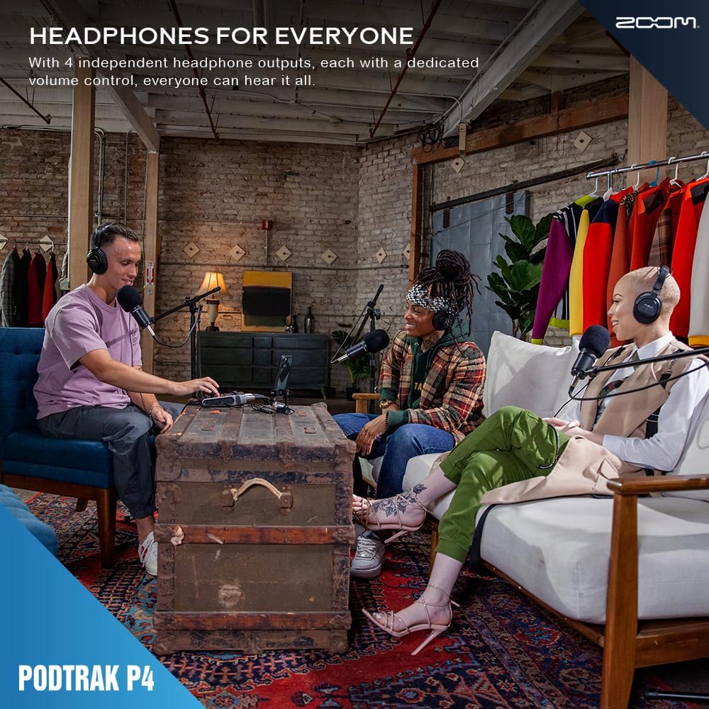 Zoom PodTrak P4 Portable Multitrack Podcast Recorder, Audio Interface w/ 4 Mic Inputs, 4 Headphone Outputs with 2X Zoom DM1-PMP Podcast Mic Pack, 2X Headphone Hanger, Rechargeable Batteries & More
