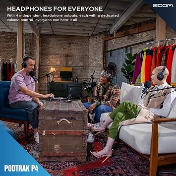 Zoom PodTrak P4 Portable Multitrack Podcast Recorder, Audio Interface 4 Mic Inputs, 4 Headphone Outputs + Handheld Microphone, Headphones with Built-in Microphone, 64GB SD, Microphone Pop Filter