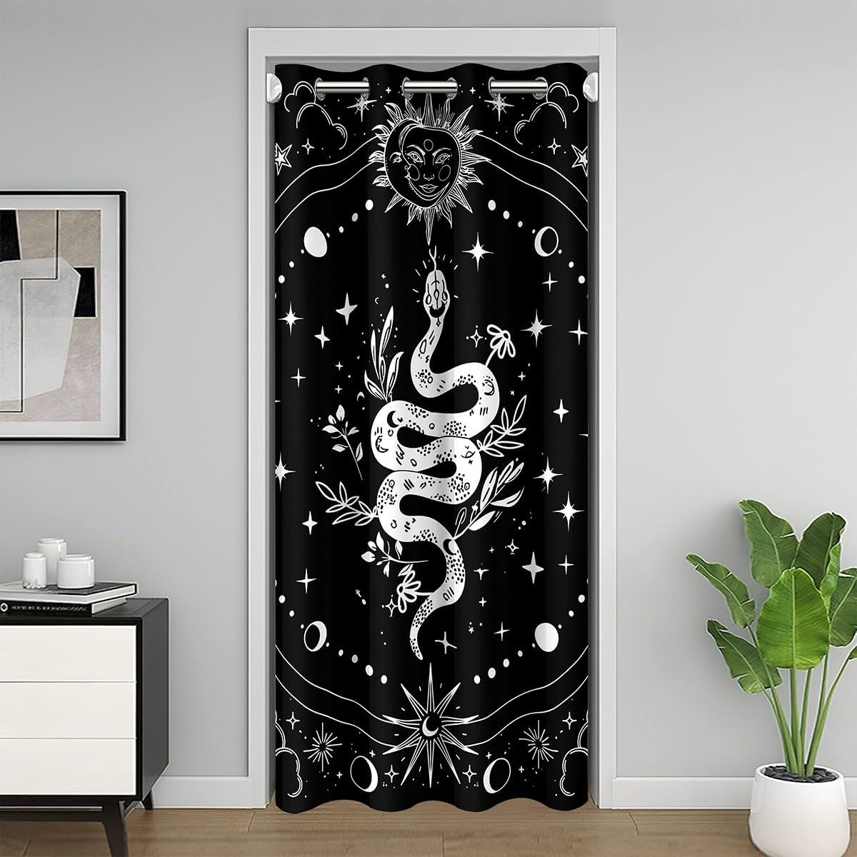 Cartoon Gold Snake Door Curtain Exotic Indian Sun Moon Clouds Doorway Curtain Privacy for Kids Teens Adults Glitter Stars Wild Animal Leaves Curtain Drape for Bedroom Doors Windows 34" W X 80" L