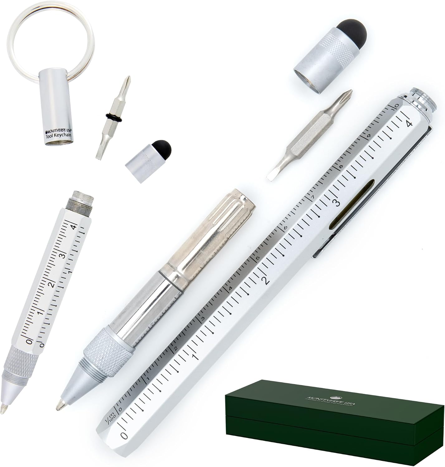 Monteverde One Touch Tool Set Ballpoint Pen with Stylus Silver + Tool Pen Keychain – 6-in-1 Multifunction Pen Set from Exclusive Collection – Ideal Gift for DIY Enthusiasts (MV35488)
