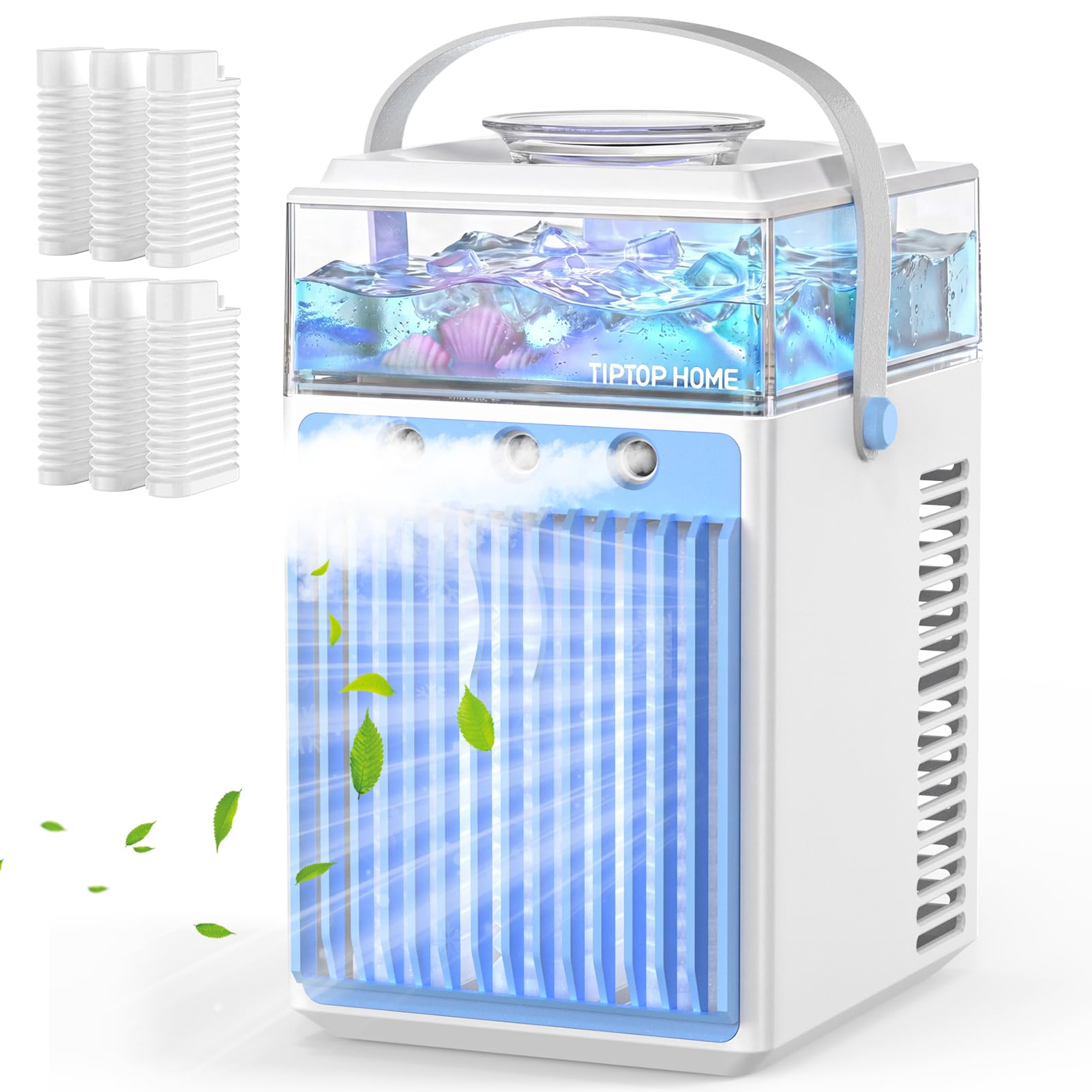 Aire Acondicionado Portátil Sin Tubo 5 en 1, Mini Aire Acondicionado Portátil, Climatizador Evaporativo con Control APP, 3 Velocidades, 3 Modos Niebla, Temporizador, Ventilador con 6 Cubiteras Hielo
