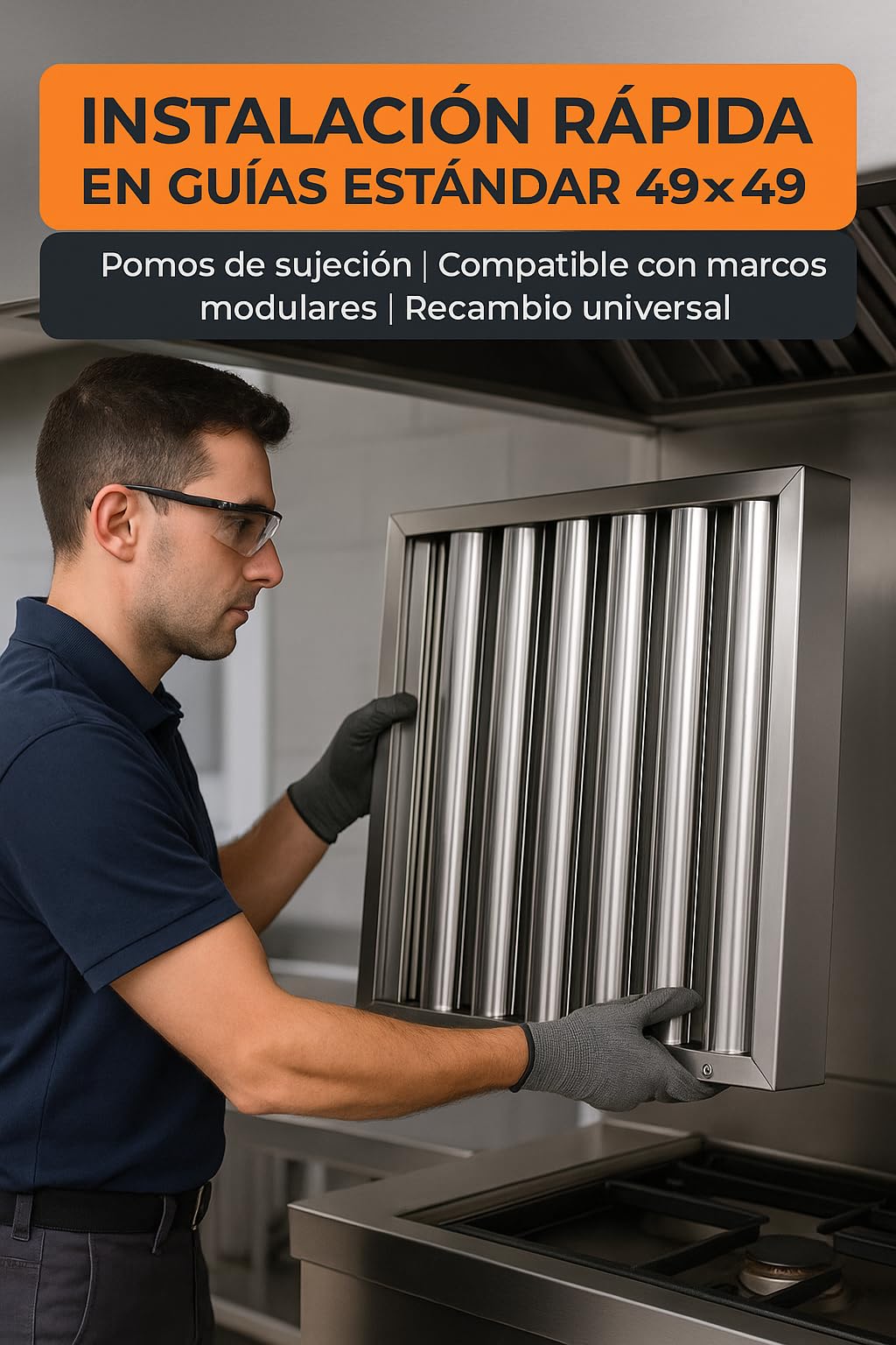 RO Linea Blanca ® Filtro Lamas 490x490x48 Mm Acero Inox AISI 304 Para Campana Industrial Hosteleria Lavable Lavavajillas Drenaje Lamas Inclinadas Pomo Sujeccion Recambio Universal Seguridad Casa