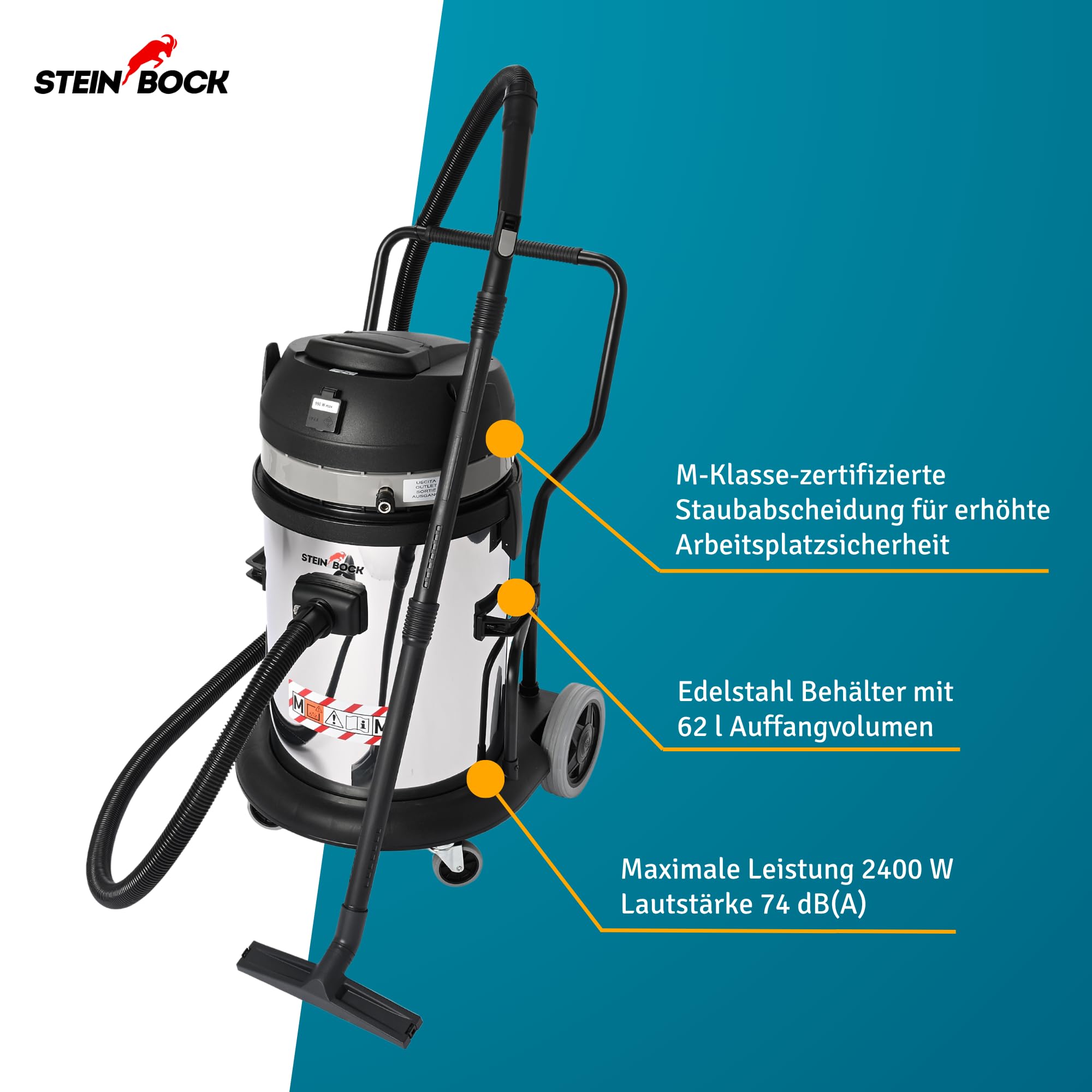 Steinbock Industriesauger trocken | 2.400 Watt | 62 l Fassungsvermögen