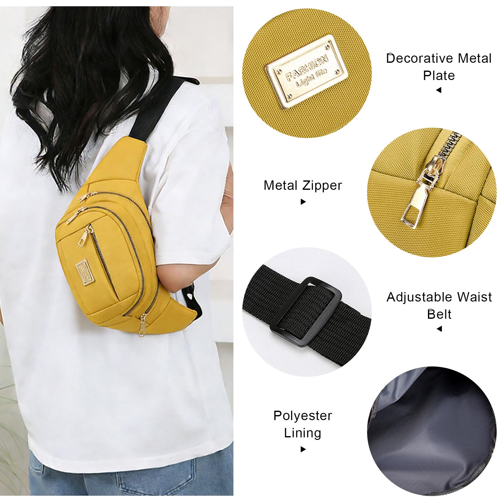 ADUDVLO Bumbags for Ladies Women Men Lightweight Adjustable Bum Bag Fanny Pack with 4 Zipper Pockets,Fashionable Waist Pack for Travel, Running, Hiking, Cycling (Black) — view 44