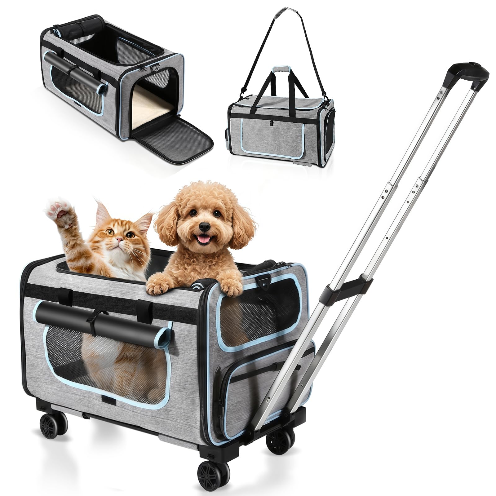 Große Transportbox mit abnehmbaren Rädern, 2-in-1 faltbar, für Hunde & Katzen, Teleskopgriff, für Auto/Outdoor/Indoor, max. 20 kg (44 lbs), Nicht für Flugreisen
