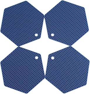 4 Packed Silicone Trivet Mats - DIY Different Size Dish Drying Mat, Hot Pot Holder for Pots & Pans, Non-Slip & Heat Resistant Kitchen Hot Pads for Countertops & Table, Navy Blue