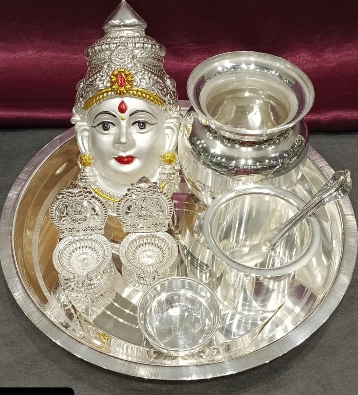 indiancraftsbykanika silver plated pooja thali set for housewarming/diwali set of 8 pieces