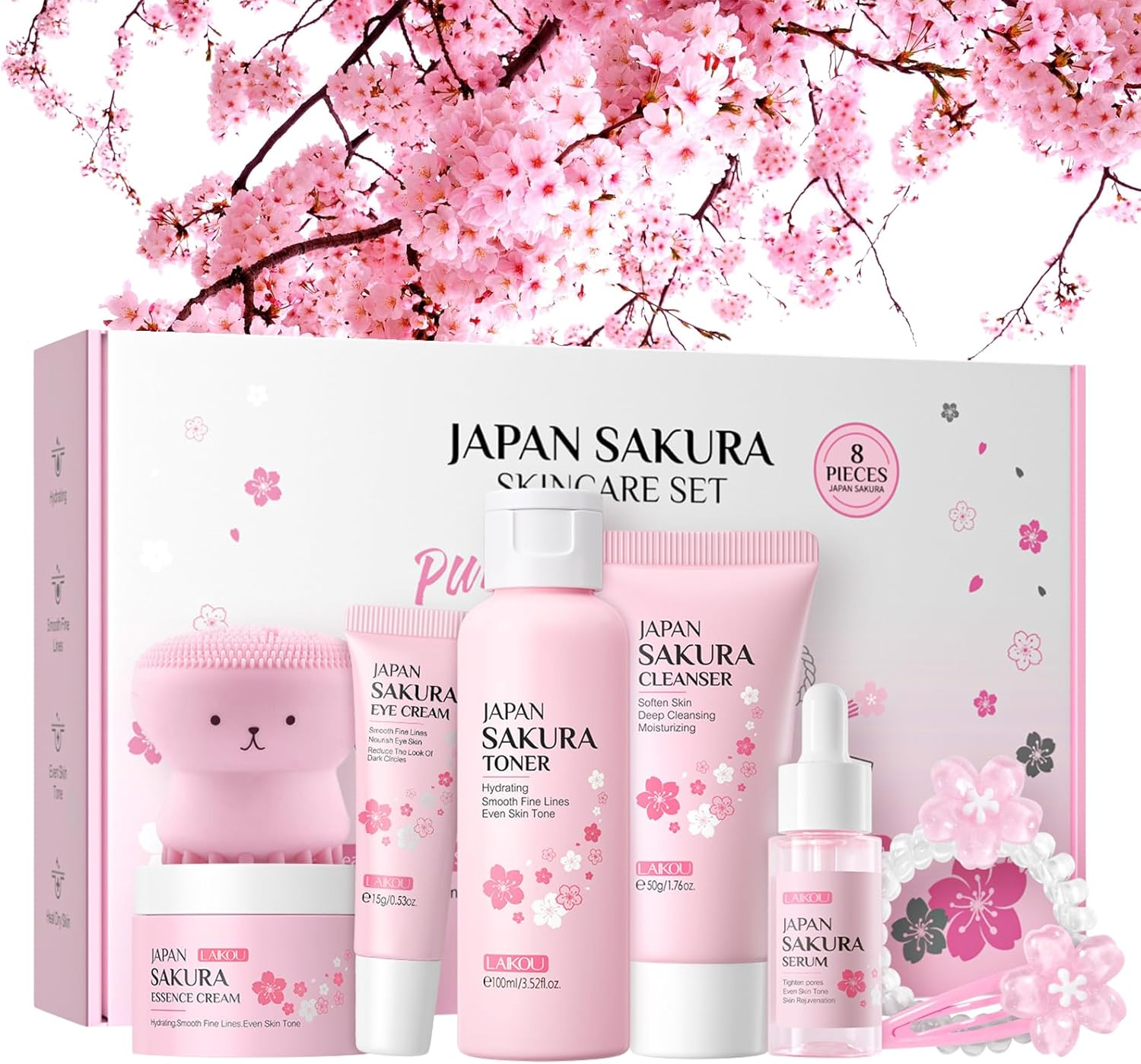 SkinCare Set, JAPAN Sakura Skin Care Sets & Kits, Cleanser, Toner, Serum, Eye Cream, Face Cream, Hair Clip&Tie, Facial Cleansing Brush, Skin Care Gift Set, Hair Care Gift Set for Teenage Girls(8pcs)