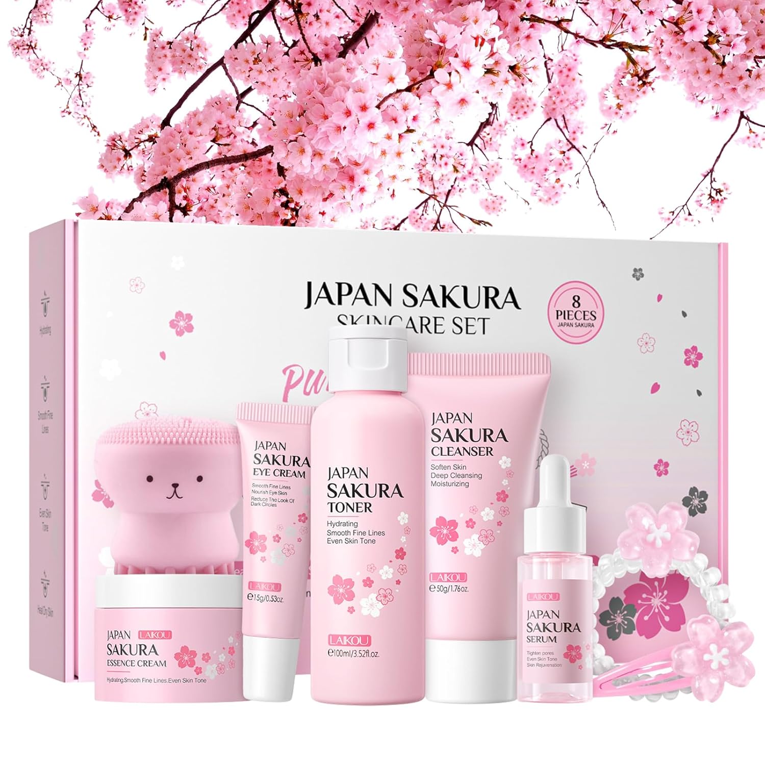 Skin Care Set Sakura Beauty Gift Sets Skin Care Kit for Teenage Girls – Cleanser, Toner, Lotion, Serum, Eye Cream, Face Cream, Travel Kit for Women Kids (8pcs)