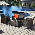 COSTWAY 4 Pieces Rattan Patio Furniture Set, Outdoor Wicker Chairs with Coffee Table, Rattan Cushioned Conversation Set for Backyard Balcony Porch Poolside, Black | Outdoor Wicker Rattan Chairs with Coffee Table, Rattan Cushioned Conversation Set for