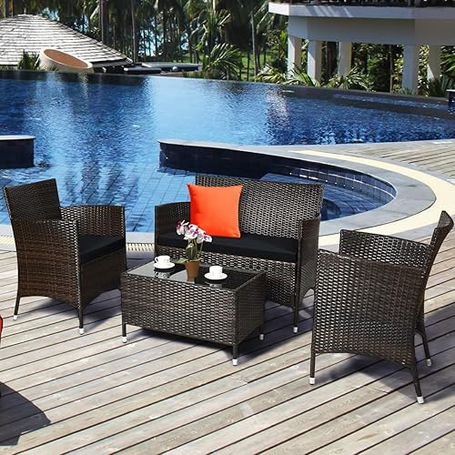 Miniatura 4 de COSTWAY Juego de muebles de patio de ratán, 4 piezas, acolchado, sofá, silla, mesa de café, color negro