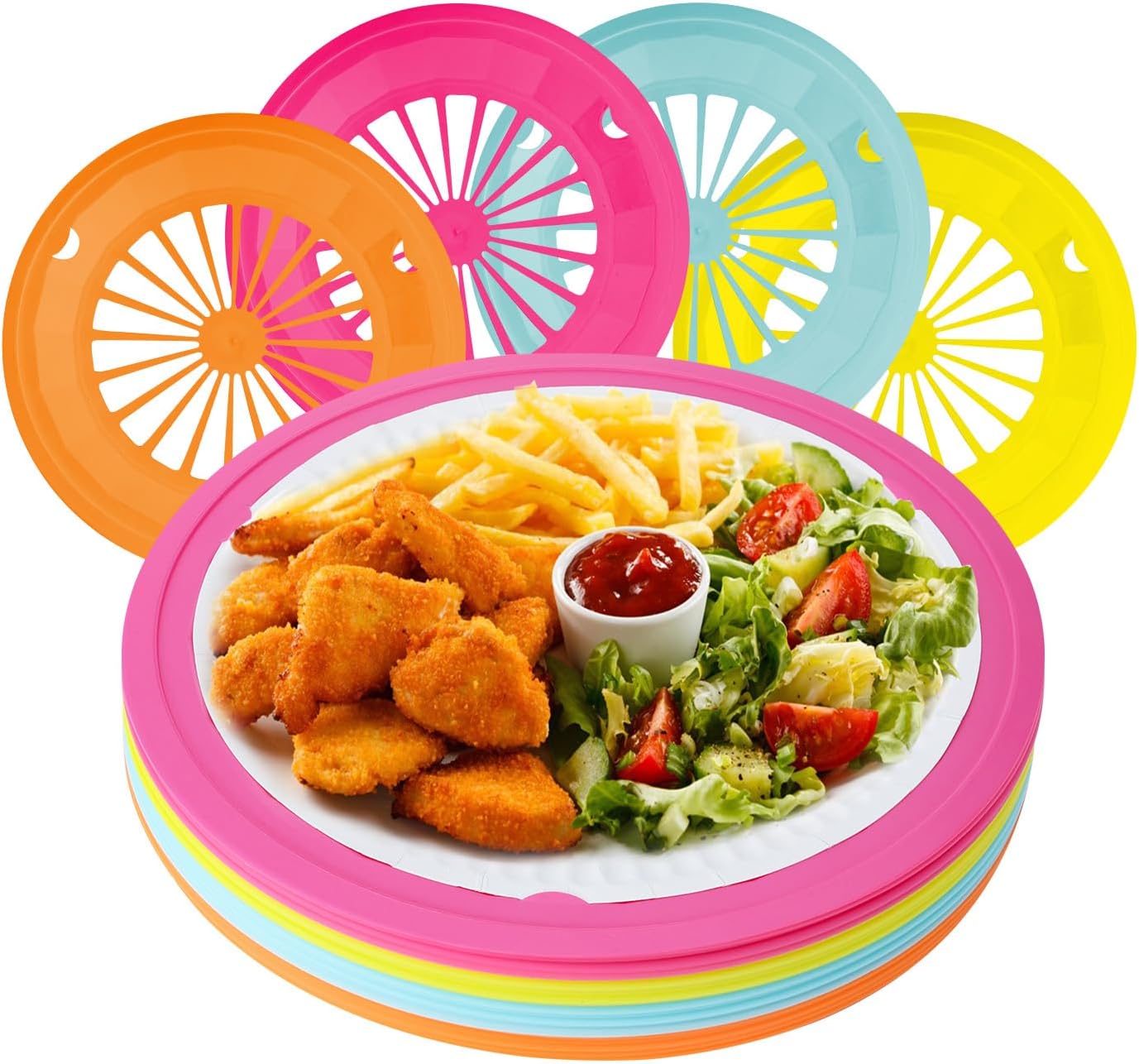 10.5 Inch Plastic Paper Plate Holders with Snap-in Grooves for 8.75 Inch Plates, Reusable Paper Plate Holders, Heavy Duty Dispenser Supports for Picnic Party Dinner 20 Packs (Mixed Colors)
