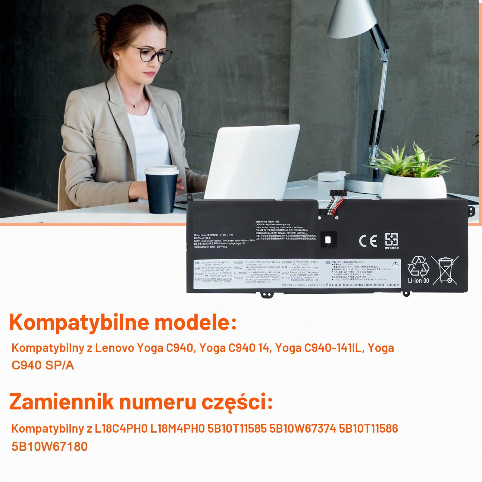 JIMACRO Bateria L18M4PH0 L18C4PH0 kompatybilna z Lenovo Yoga C940-14IIL Series 5B10T11585 5B10W67374 5B10T11586 5B10W67180(7.68V 7630mAh 58Wh)