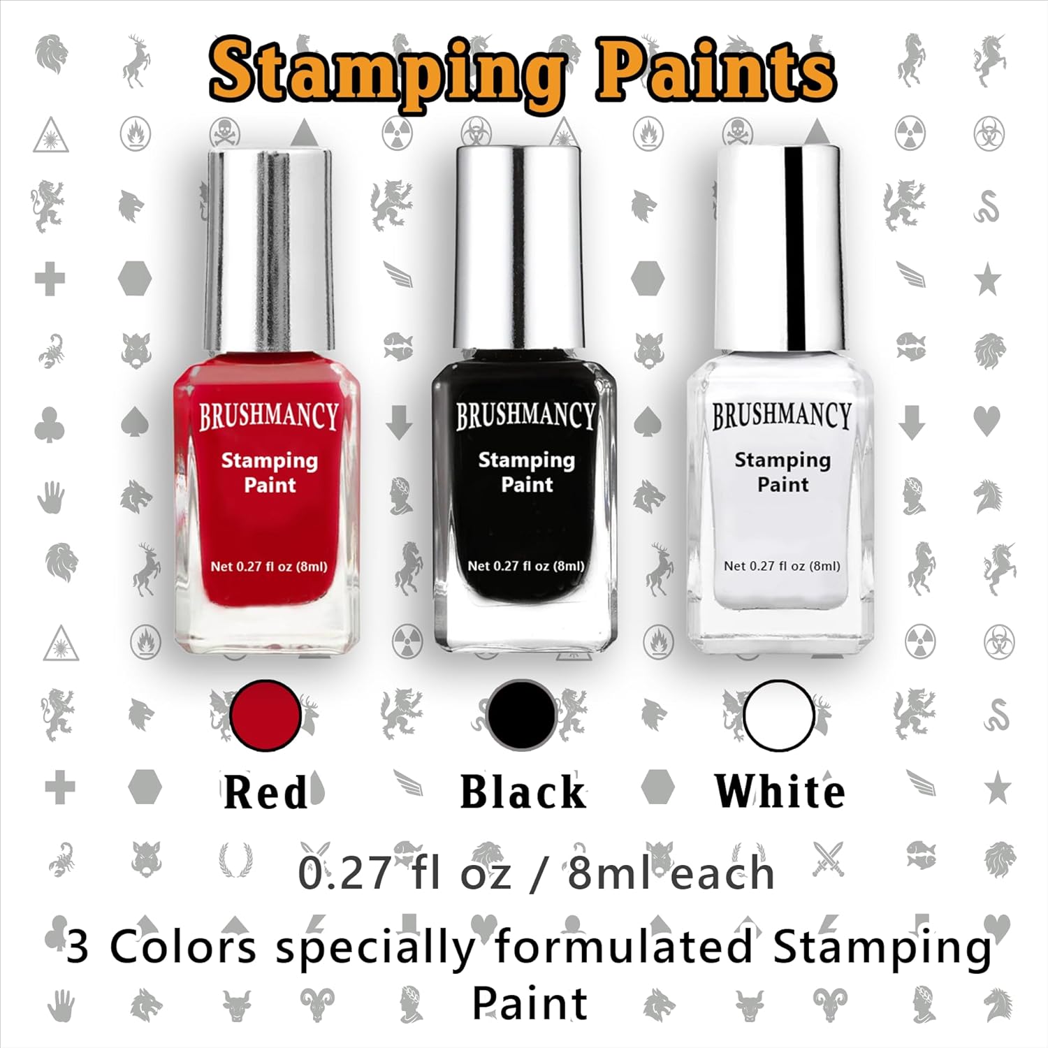 Brushmancy Miniatures Stamping Set | 3 Colors - 4 Plates - 1 Stamper - 1 Swiper | Nail Stamping Plates | Wargaming
